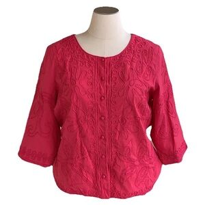 Bedford Fair Hot Pink Blazer Rope Embroidered 3/4 Sleeve Artsy Plus Size 1X